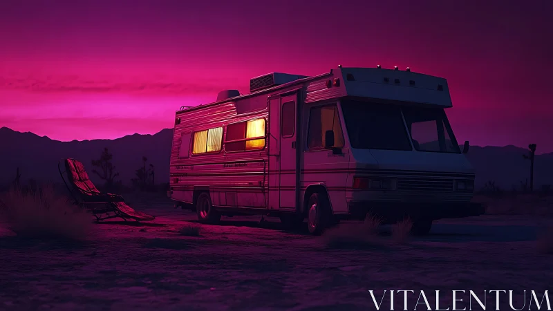 Desert RV under neon magenta dusk with cinematic rim light.