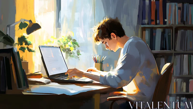 Sunlit student focused at laptop in cozy studio workspace.