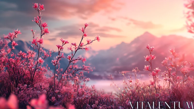 Sunlit pink wildflowers before misty mountain horizon.