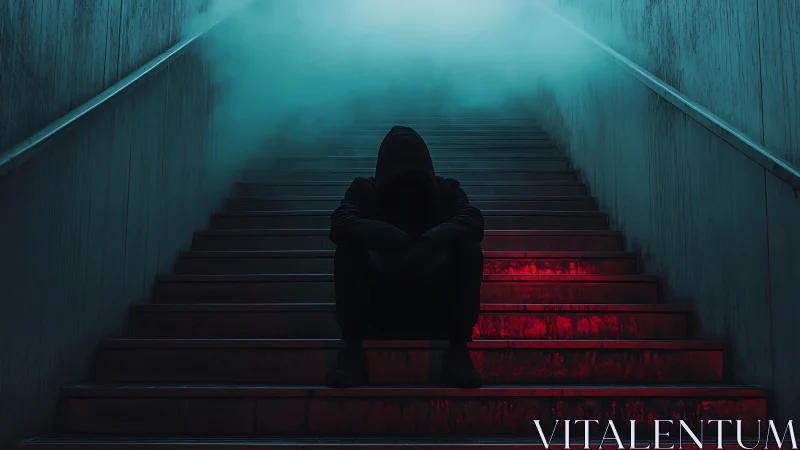 Hooded silhouette brooding on neon steps in toxic mist.