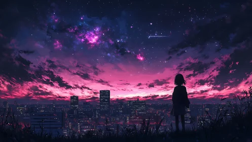 Silhouette observing illuminated city under violet night sky.
