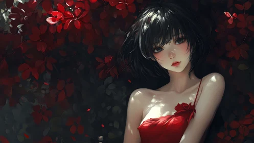 Soft-eyed girl rests amid deep red leaves in gentle light