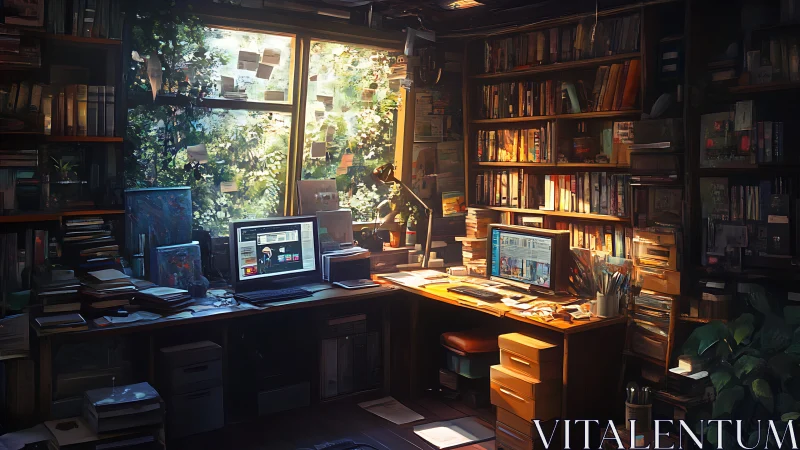 Cozy cluttered home office with dual monitors and bookshelves.