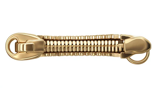 Gold zipper pull closeup against clean white background.