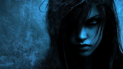 Dark blue digital portrait of intense mysterious woman