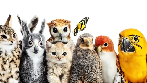 Surreal Animal Lineup with Cats, Birds, and Butterfly on White.