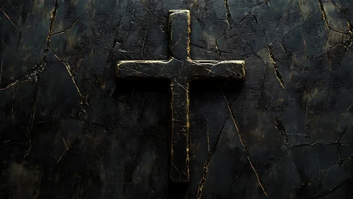 Weathered golden cross resting on deep cracked darkness.