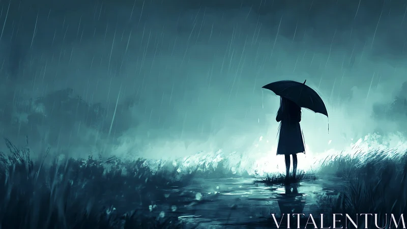 Silhouetted figure with umbrella in rainy marsh landscape.