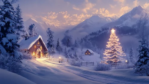 Snowy mountain cabin with glowing Christmas tree lights.