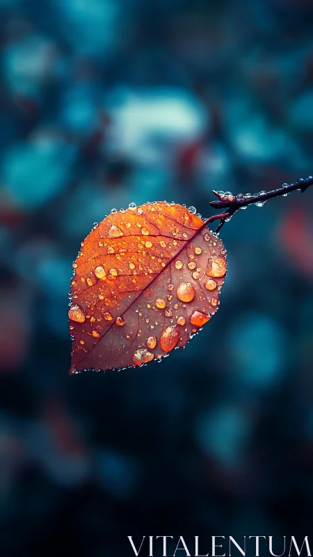 Single wet autumn leaf on branch against blurred blue background.