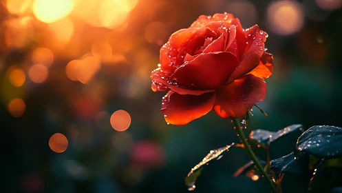 Radiant Red Rose Glistening with Morning Dew