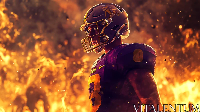 Football player stands in profile before intense fire backdrop