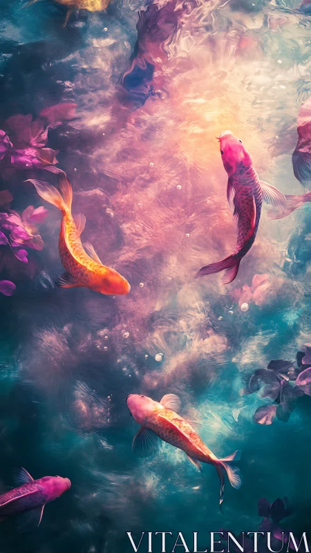 Dreamy koi fish drift gently through glowing pastel water