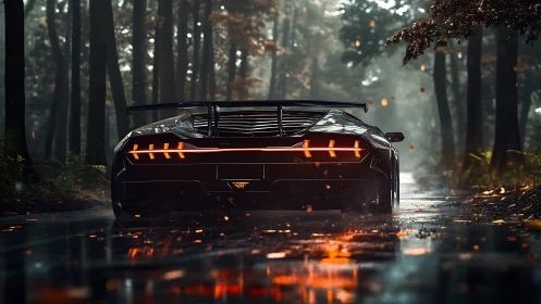Midnight supercar glowing through a quiet autumn forest road.