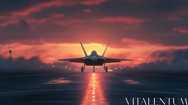 Stealth fighter jet on wet runway at dramatic sunset horizon