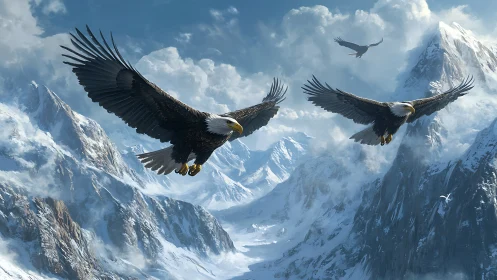 Majestic Bald Eagles Soaring Over Snowy Mountain Peaks, Realistic Art.
