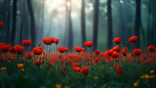 Red Poppies in Misty Forest Clearing.