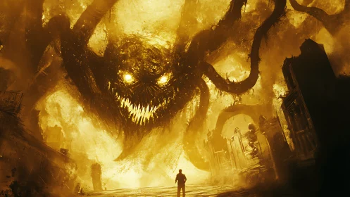 Colossal infernal entity looming over burning city ruins.