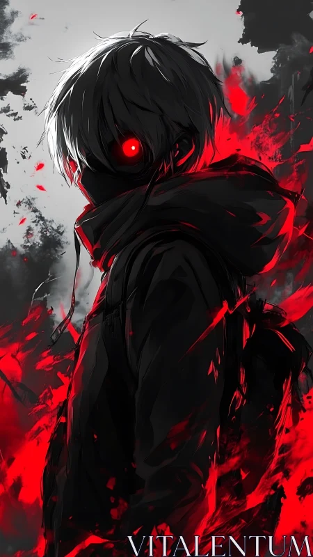 Hooded monochrome figure with red eye and abstract flames.