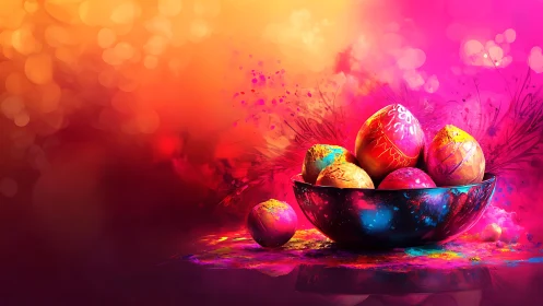 Color-drenched Easter eggs in glowing abstract bowlscape.