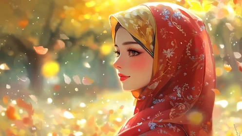 Side profile of woman in patterned hijab amid falling leaves
