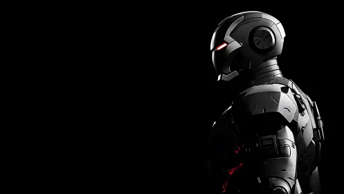 Armored humanoid robot in profile on black background.