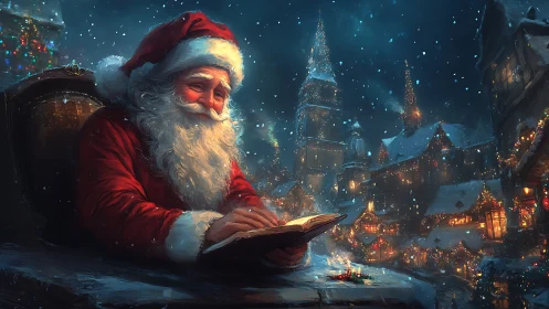 Santa Claus writes in a book above a lit winter village