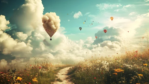 Surreal hot air balloons over wildflower path in sky meadow.