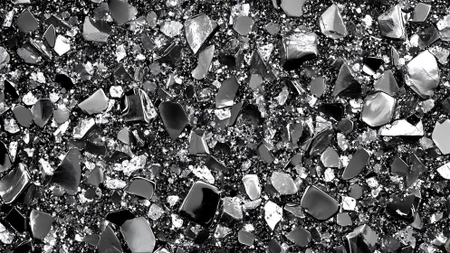 Silver shattered glass fragments form reflective abstract field.