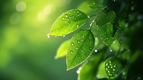 Morning raindrop chorus on glowing green garden leaves.