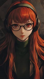 Headphoned ember-haired hacker in quiet digital vigil.