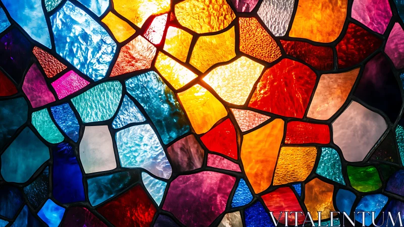 Vibrant stained glass abstract with rich colors and sunlight glow.