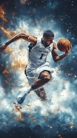 Explosive basketball dunker surges through clouds of energy