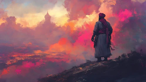 Wanderer in crimson stands quietly before a glowing sky