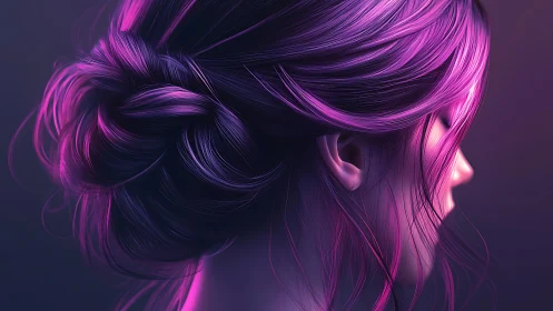 Neon-lit profile reveals ethereal hair in soft focus glow.