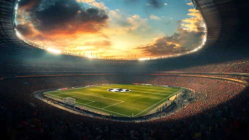 Sunset panorama over packed stadium before kickoff.