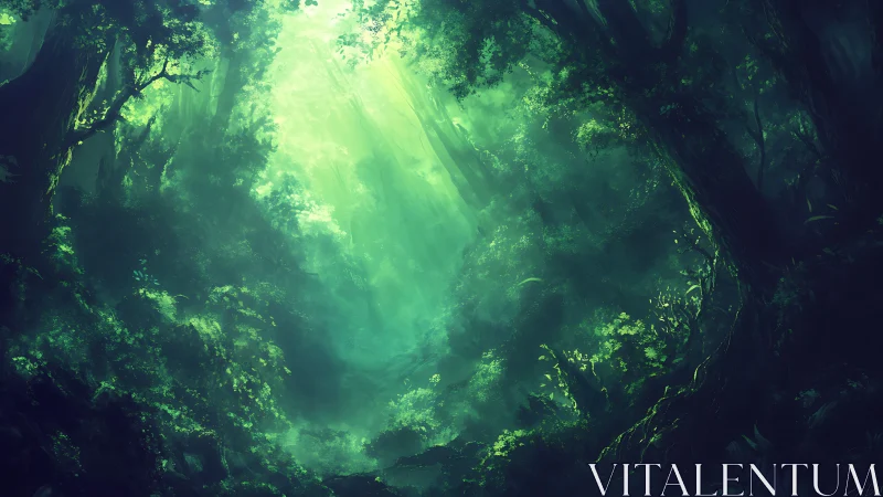 Ethereal Forest Cave with Luminous Light Rays.