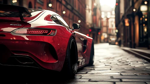 Red supercar glides through wet historic city street.