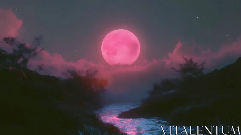 Pink moon over misty river under dark night sky.