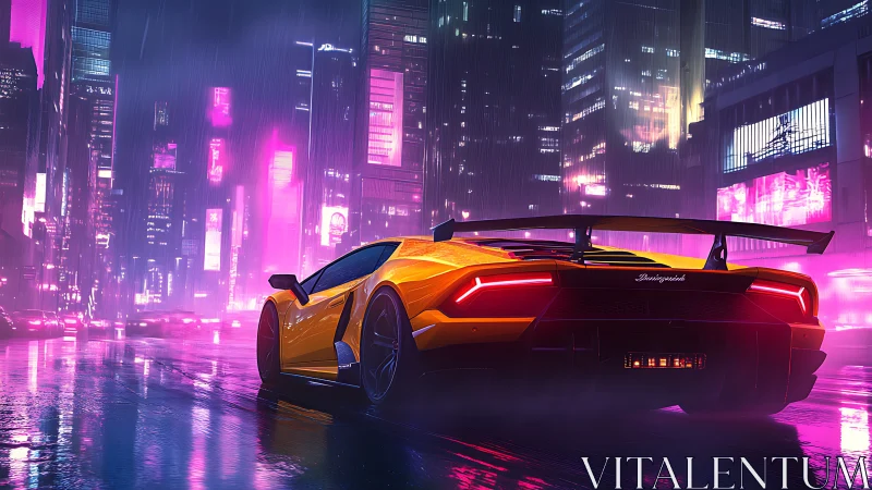 Yellow supercar in neon lit rainy cyberpunk city street.
