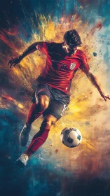 Dynamic soccer player surges through explosive color burst.