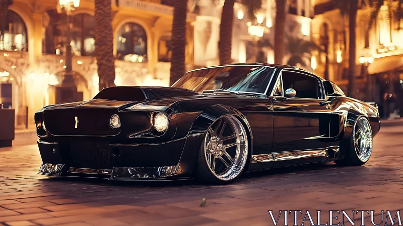 Custom black muscle car parked on city street at night.
