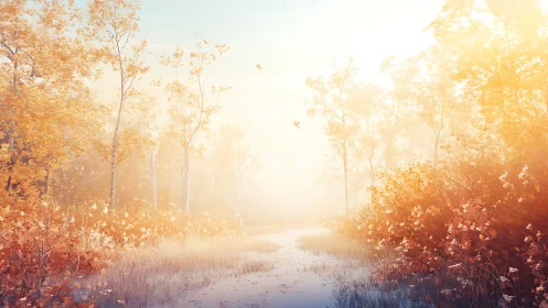 Luminous autumn woodland path in soft digital painting style.
