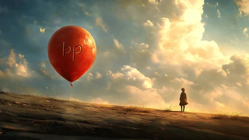 Red balloon and solitary child on open slope under clouds.