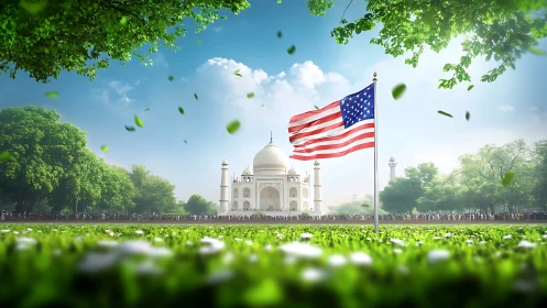 US flag waves before Taj Mahal under vivid spring sky.
