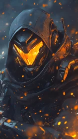 Armored sci fi soldier with burning visor in falling embers