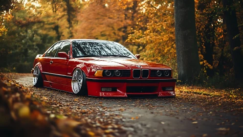 Red modified coupe parked on forest road in autumn light.