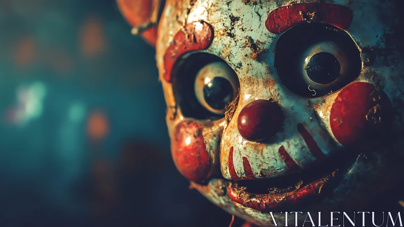 Creepy clown mask close-up in moody shallow focus portrait.