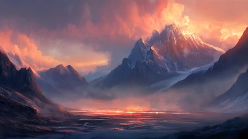 Fiery mountain dusk over misty valley and glowing river.