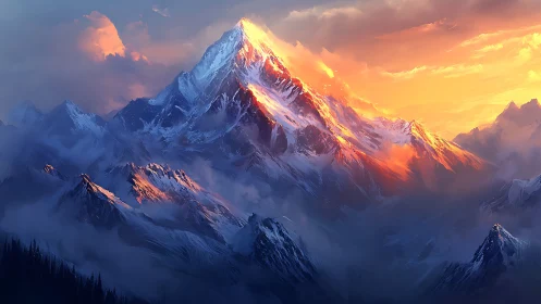 Sunlit mountain peaks wrapped in misty twilight calm.